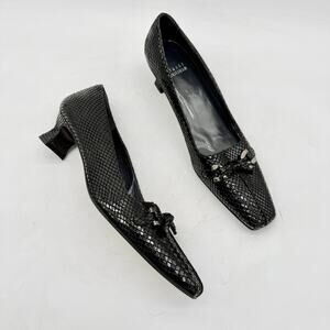 Stuart Weitzman Women’s 8W Black Snake Embossed Bow Kitten Heel Pumps Wide 8